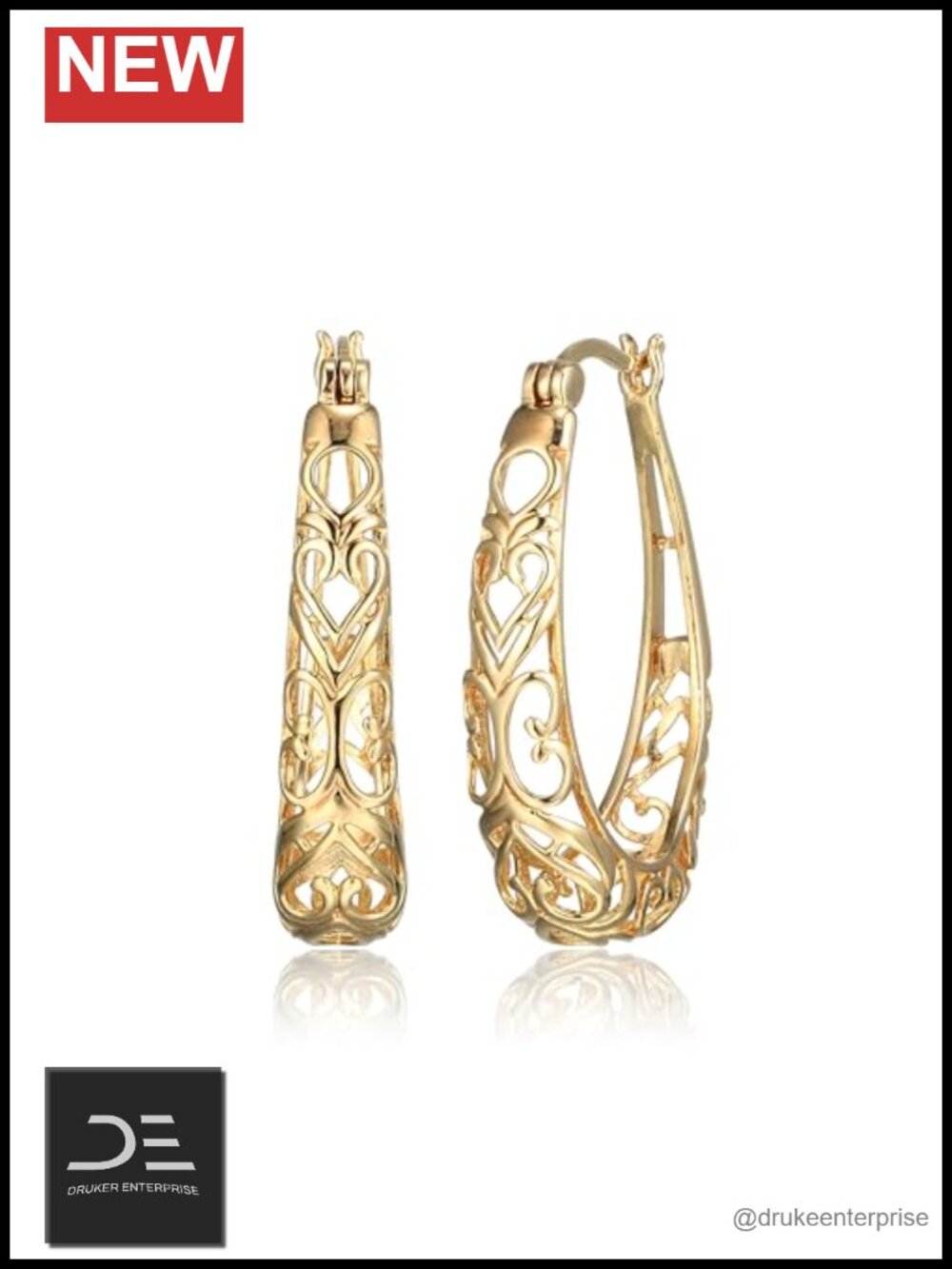 Sterling Silver Oval Filigree Hoop Earrings 18K Gold Over